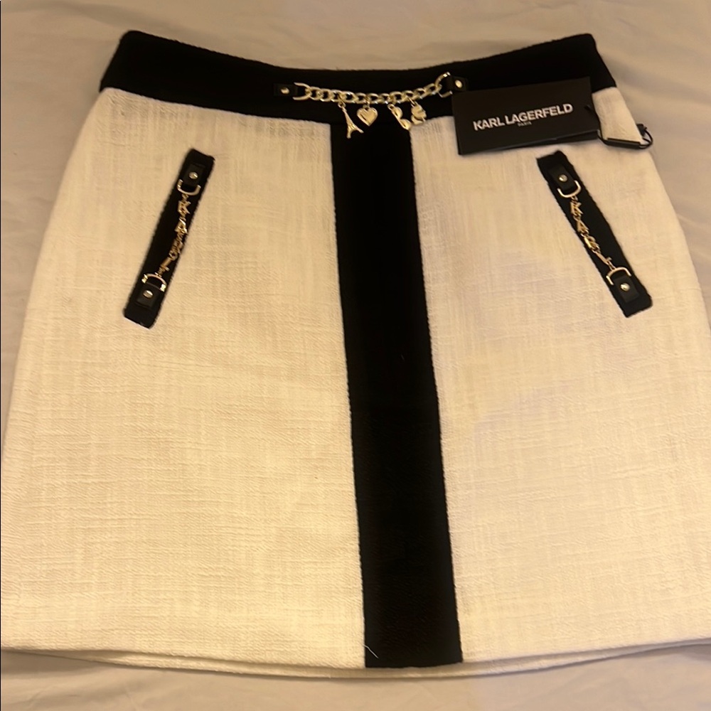 Karl Lagerfeld Black and White Mini Skirt with Chain Detail